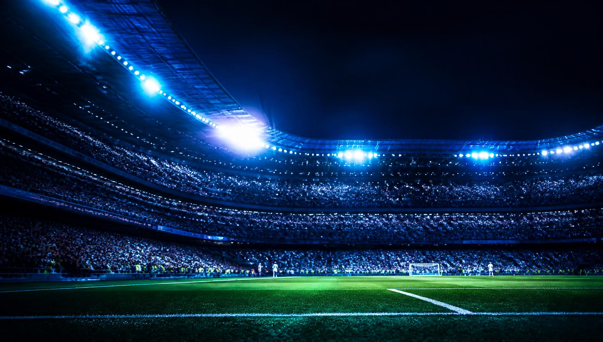 Floodlit stadium packed with supporters on match night